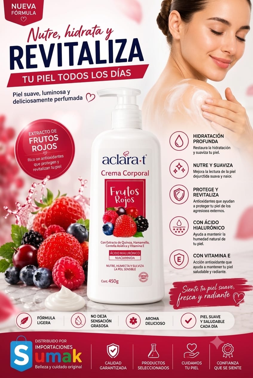 🌟 Aclara-T Crema Corporal Frutos Rojos 450g | Hidratación Profunda, Ácido Hialurónico y Vitamina E